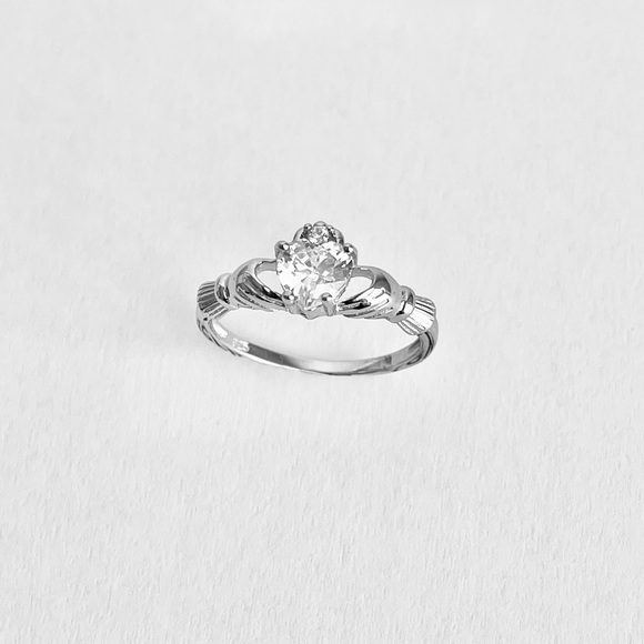 Sterling Silver Claddagh CZ Heart Ring, Irish Rings, April Birthstone Ring - Picture 6 of 10